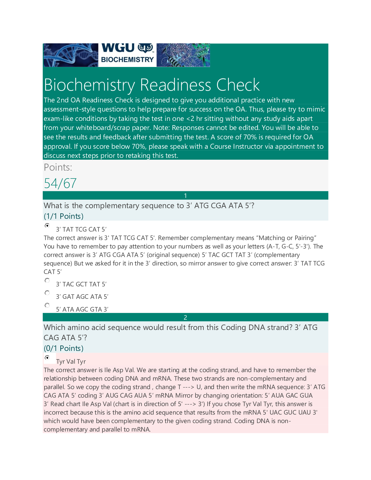 Preview of C785 / C 785: Biochemistry Readiness Check 2020 Readiness Check – Western Governors Univer